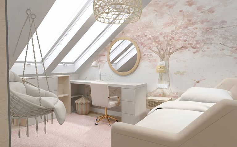 Pokój na poddaszu z biurkiem, wiszącym fotelem i różowym dywanem, styl boho, glamour, nowoczesny.