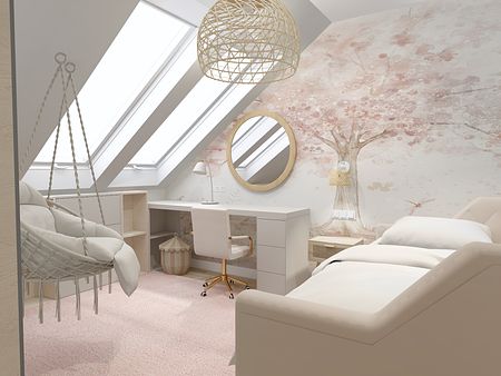 Pokój na poddaszu z biurkiem, wiszącym fotelem i różowym dywanem, styl boho, glamour, nowoczesny.