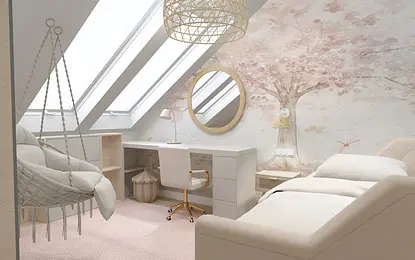 Pokój na poddaszu z biurkiem, wiszącym fotelem i różowym dywanem, styl boho, glamour, nowoczesny.