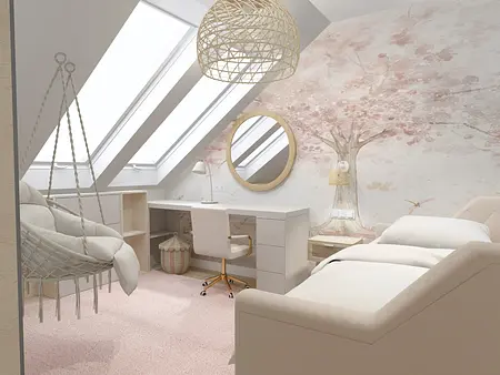 Pokój na poddaszu z biurkiem, wiszącym fotelem i różowym dywanem, styl boho, glamour, nowoczesny.