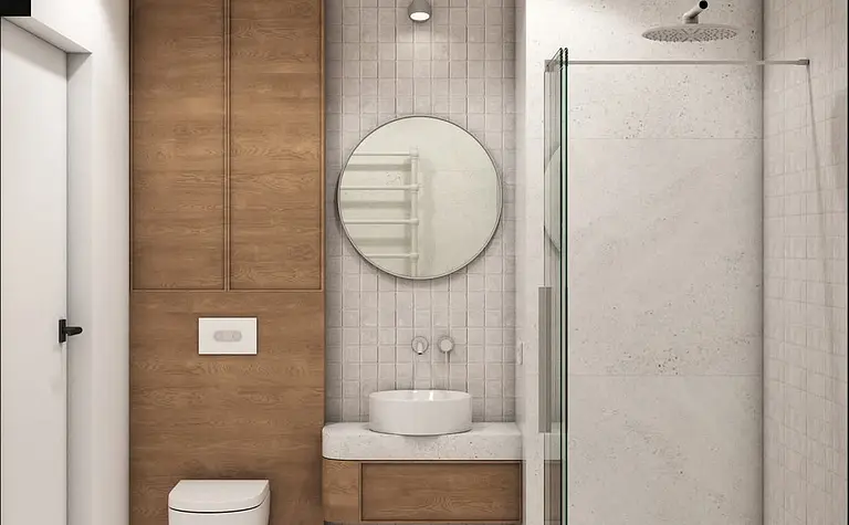 Łazienka w stylu japandi z drewnianymi meblami i minimalistycznymi detalami.