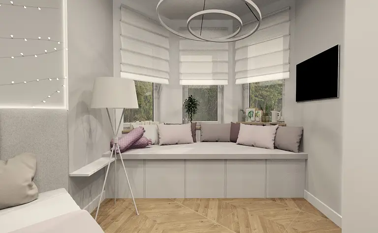 Wnętrze pokoju w stylu boho z minimalistycznym wystrojem i nowoczesnym oświetleniem.