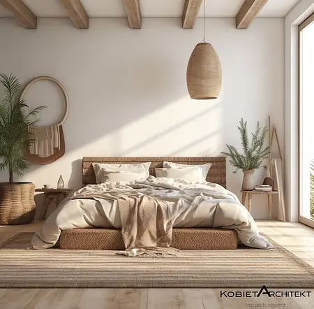 Sypialnia w stylu boho z naturalnym łóżkiem, roślinami i jasnymi akcentami.