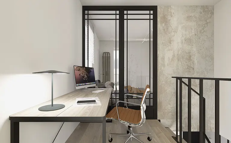 Gabinet w stylu industrialnym i minimalistycznym z biurkiem, lampą i szklanymi drzwiami.