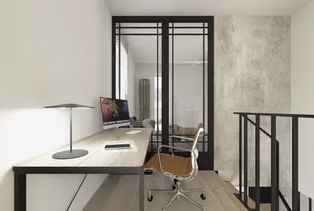 Gabinet w stylu industrialnym i minimalistycznym z biurkiem, lampą i szklanymi drzwiami.