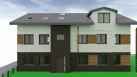 Zewnętrzny widok nowoczesnego budynku z drewnianymi detalami i zielonym otoczeniem.