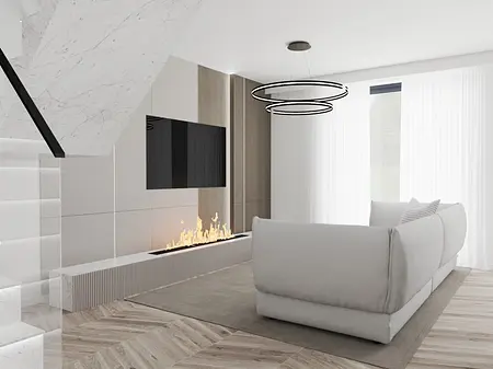 Wnętrze nowoczesnego salonu z minimalistycznym designem, białą sofą i kominkiem.