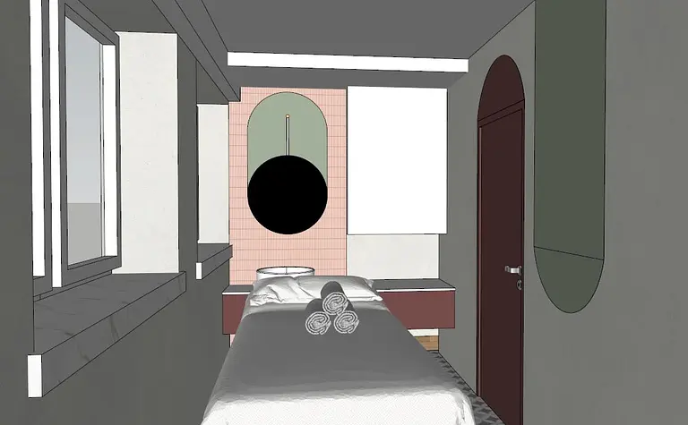 Wnętrze z łóżkiem, oknem i zielonymi elementami w stylu dopamine decor.