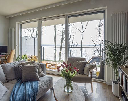 Wnętrze salonu z roślinami, meblami i widokiem na jezioro, styl boho i współczesny