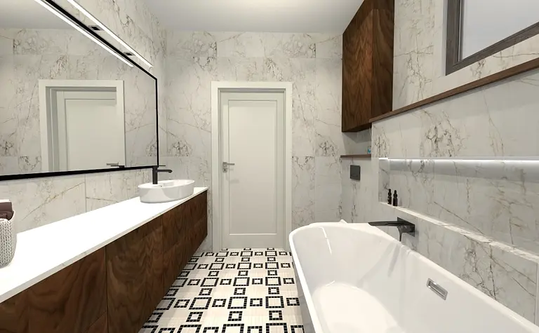 Współczesna łazienka z białą wanną, drewnianymi meblami i nowoczesnym oświetleniem.