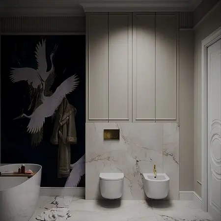 Stylowa łazienka z marmurową podłogą i eleganckim wykończeniem w stylu quiet luxury.