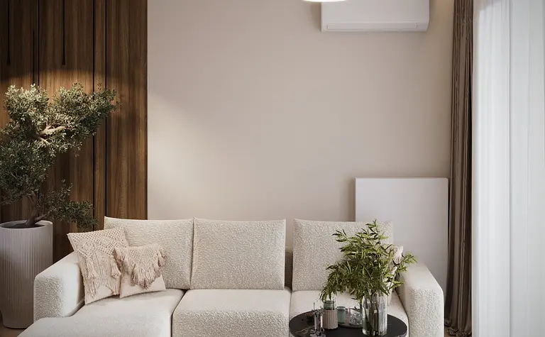 Wnętrze salonu eklektycznego z minimalistycznym designem i nowoczesnymi akcentami.