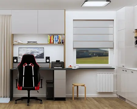 Wnętrze biura w stylu eklektycznym i minimalistycznym z nowoczesnym biurkiem