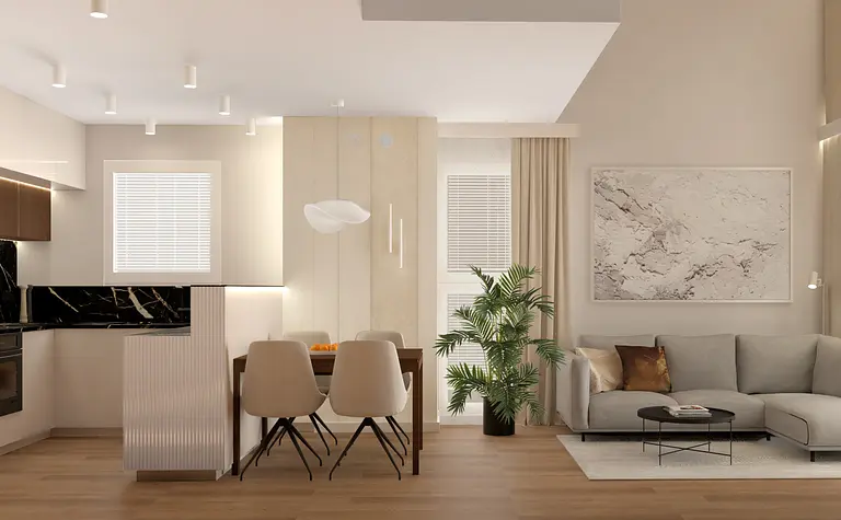 Wnętrze kuchni z białymi meblami, drewnianym blatem i rośliną.