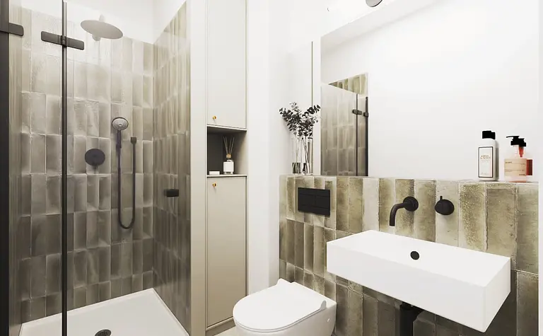Wnętrze łazienki w stylu boho i minimalistycznym z szarymi kafelkami i białą umywalką.