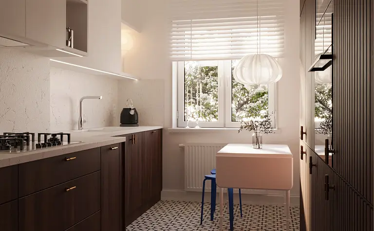 Eklektyczna kuchnia w stylu quiet luxury z drewnem i nowoczesnym oświetleniem.