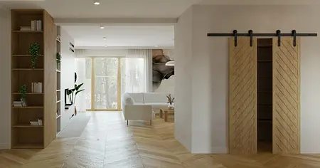 Salon w stylu japandi i minimalistycznym z drewnianymi elementami.