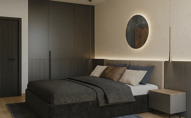 Sypialnia w stylu industrialnym i minimalistycznym z szarym łóżkiem i nowoczesnym oświetleniem.