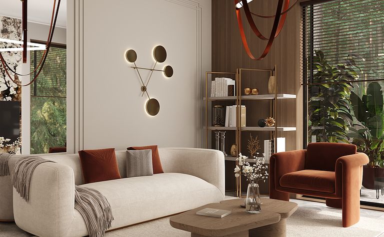 Wnętrze salonu w stylu art deco, minimalistycznym i współczesnym z beżową sofą.