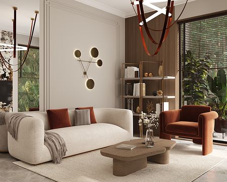 Wnętrze salonu w stylu art deco, minimalistycznym i współczesnym z beżową sofą.
