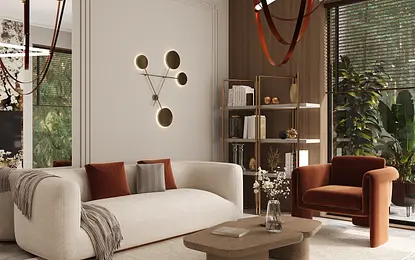Wnętrze salonu w stylu art deco, minimalistycznym i współczesnym z beżową sofą.