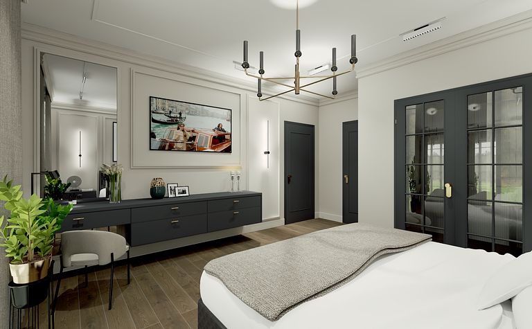 Sypialnia w tradycyjnym stylu z szarymi meblami, białym łóżkiem i dużym lustrem.