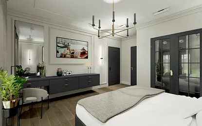 Sypialnia w tradycyjnym stylu z szarymi meblami, białym łóżkiem i dużym lustrem.