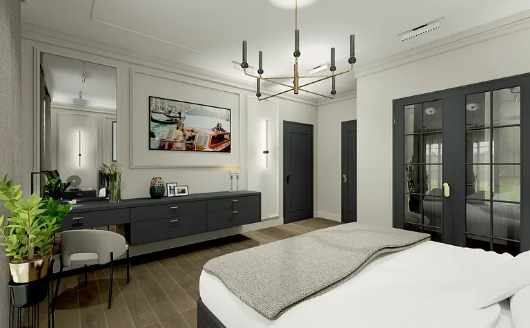 Sypialnia w tradycyjnym stylu z szarymi meblami, białym łóżkiem i dużym lustrem.