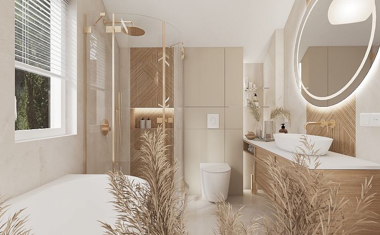 Wnętrze nowoczesnej łazienki w stylach japandi i minimalistycznym z drewnem.