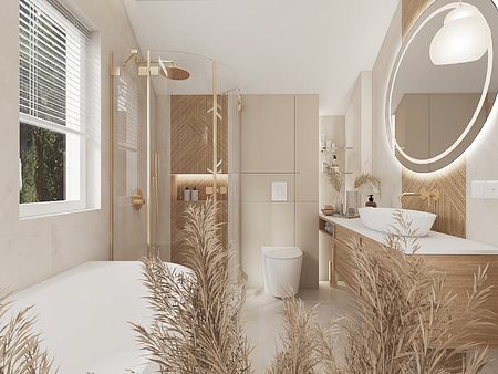 Wnętrze nowoczesnej łazienki w stylach japandi i minimalistycznym z drewnem.