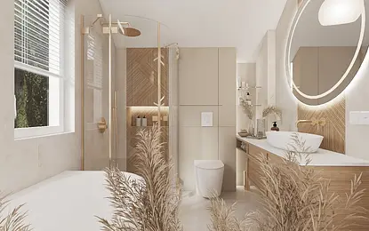 Wnętrze nowoczesnej łazienki w stylach japandi i minimalistycznym z drewnem.