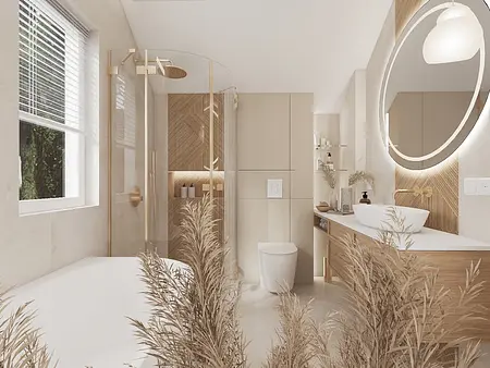 Wnętrze nowoczesnej łazienki w stylach japandi i minimalistycznym z drewnem.