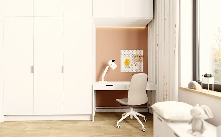 Nowoczesny pokój dziecięcy z białymi meblami i różową ścianą, skandynawski styl.