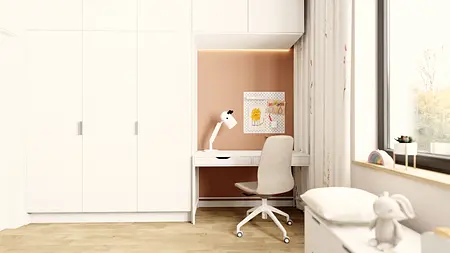 Nowoczesny pokój dziecięcy z białymi meblami i różową ścianą, skandynawski styl.