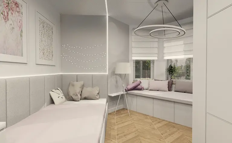 Wnętrze pokoju z minimalistycznym designem, boho akcentami, nowoczesnymi meblami i jasnymi kolorami.