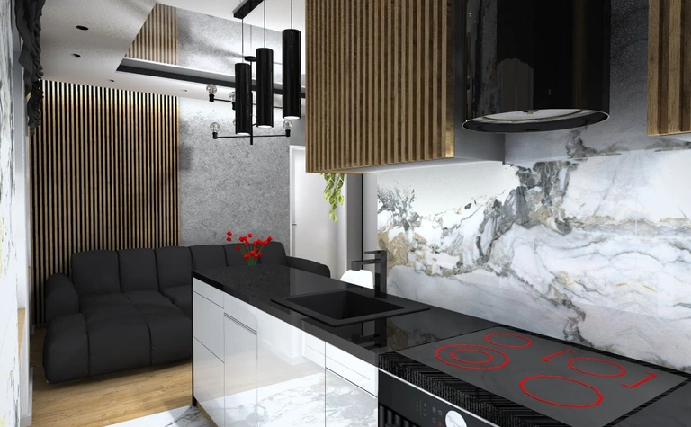 Wnętrze kuchni z czarnymi meblami, marmurowym blatem i drewnianymi detalami w stylu industrialnym.