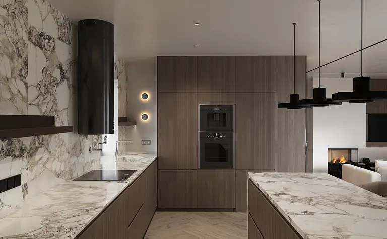 Wnętrze kuchni minimalistycznej z brązowymi meblami i białymi detalami.