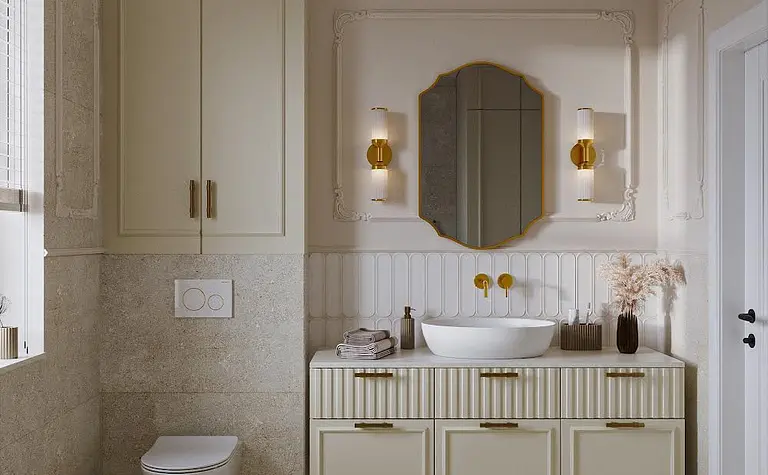 Stylowa łazienka w stylu art deco i eklektycznym z jasnymi meblami.