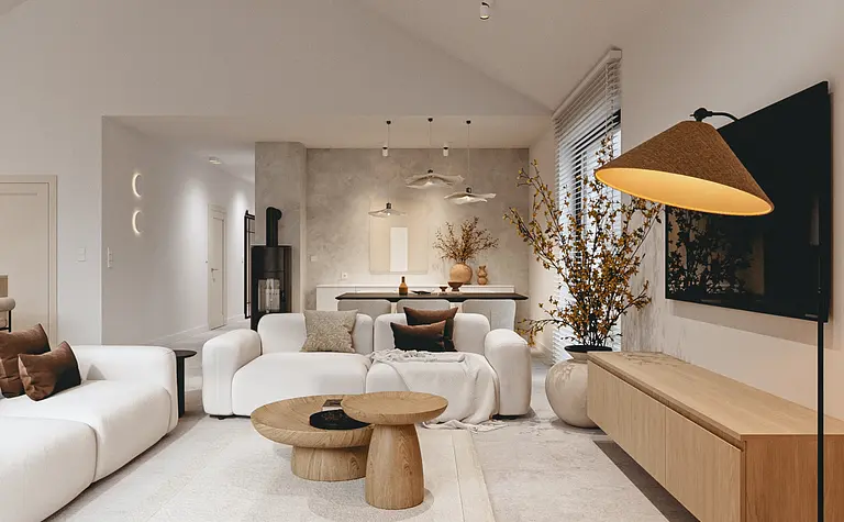 Wnętrze salonu w stylu skandynawskim z białymi meblami i drewnianymi akcentami.