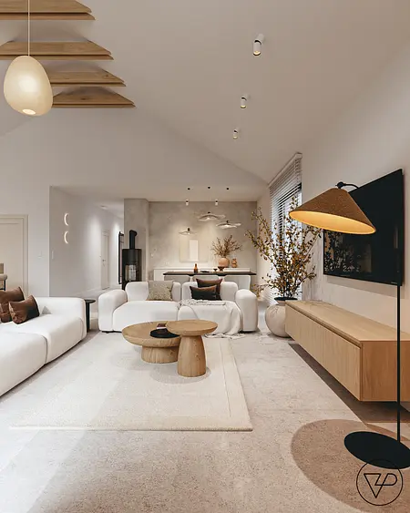 Wnętrze salonu w stylu skandynawskim z białymi meblami i drewnianymi akcentami.