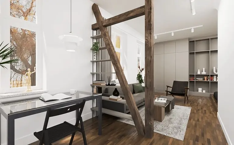 Wnętrze biura z industrialnym i vintage stylem, drewniane akcenty, jasne kolory.