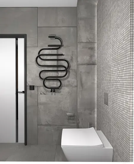 Nowoczesna łazienka z szarymi ścianami i minimalistycznymi detalami, industrialny styl.