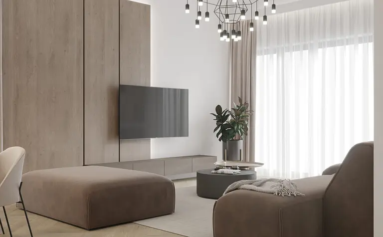 Wnętrze salonu w stylu minimalistycznym z brązowymi meblami i nowoczesnym oświetleniem.