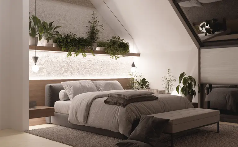 Wnętrze sypialni w stylu japandi, minimalistycznym i nowoczesnym z roślinami.