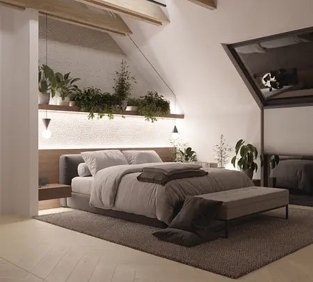 Wnętrze sypialni w stylu japandi, minimalistycznym i nowoczesnym z roślinami.