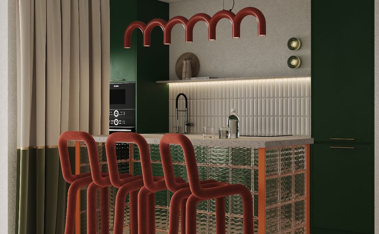 Kuchnia w stylu art deco i industrialnym z zielonymi meblami, czerwonymi krzesłami i szklanym blatem.