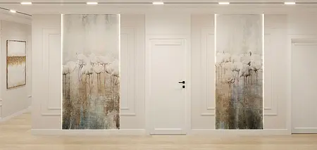 Stylowe wnętrze przedpokoju z obrazami w stylu art deco, glamour i nowoczesnym.