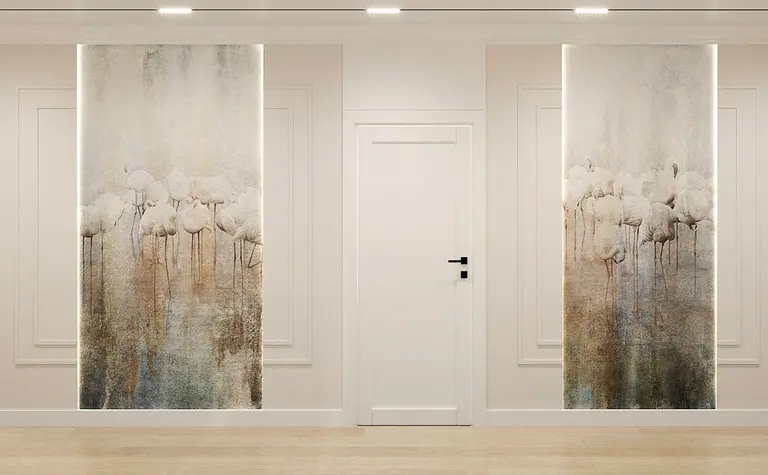 Stylowe wnętrze przedpokoju z obrazami w stylu art deco, glamour i nowoczesnym.