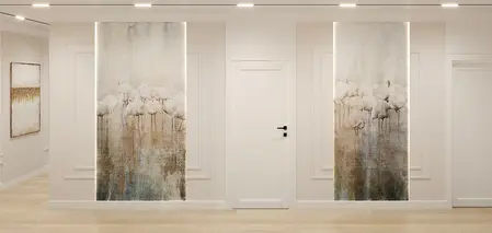 Stylowe wnętrze przedpokoju z obrazami w stylu art deco, glamour i nowoczesnym.