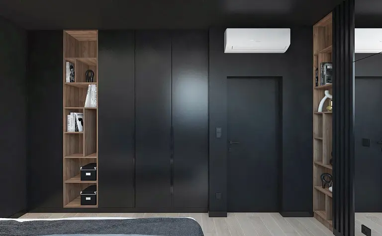 Wnętrze sypialni z czarnymi meblami i drewnianymi akcentami, styl industrialny, nowoczesny, współczesny.